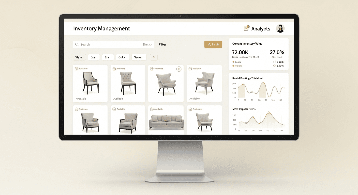 Stageory Inventory Management dashboard showing a searchable furniture catalog and live inventory analytics