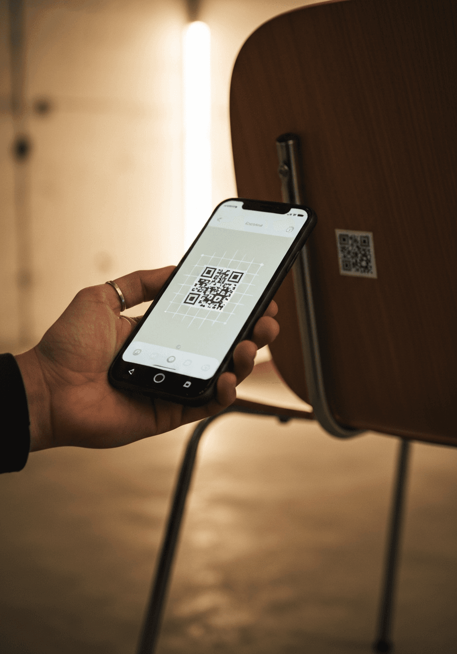 A hand holding a phone, scanning the QR label on the back of a wooden chair