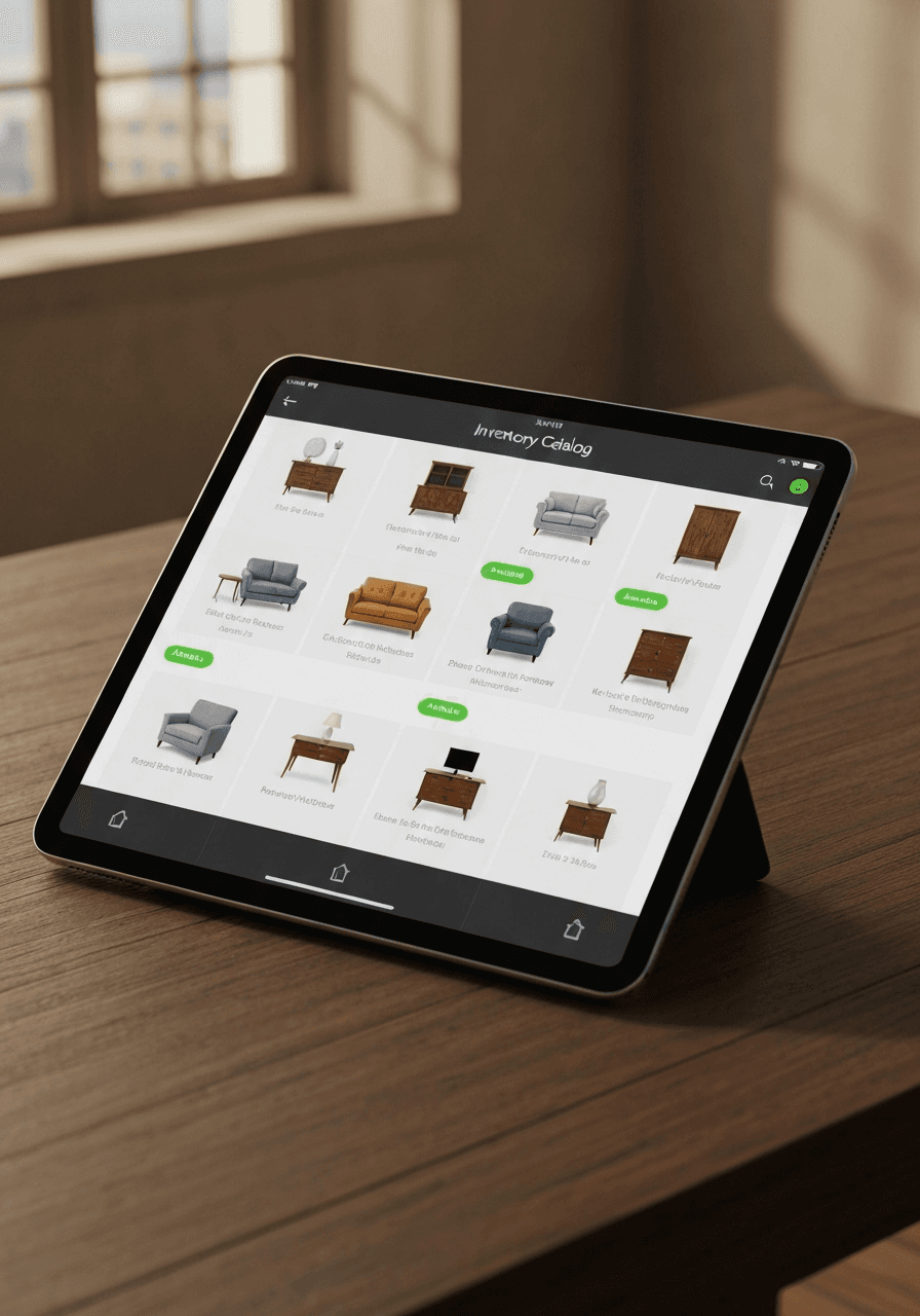 A tablet on a wooden desk showing the inventory catalog — a grid of furniture pieces with availability tags