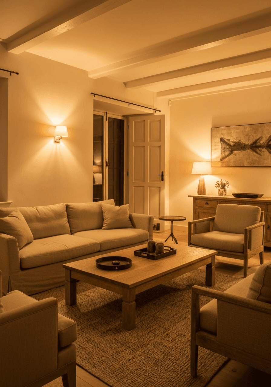 A warm, softly lit living room at dusk — a linen sofa and armchairs around a wood coffee table, wall sconces glowing