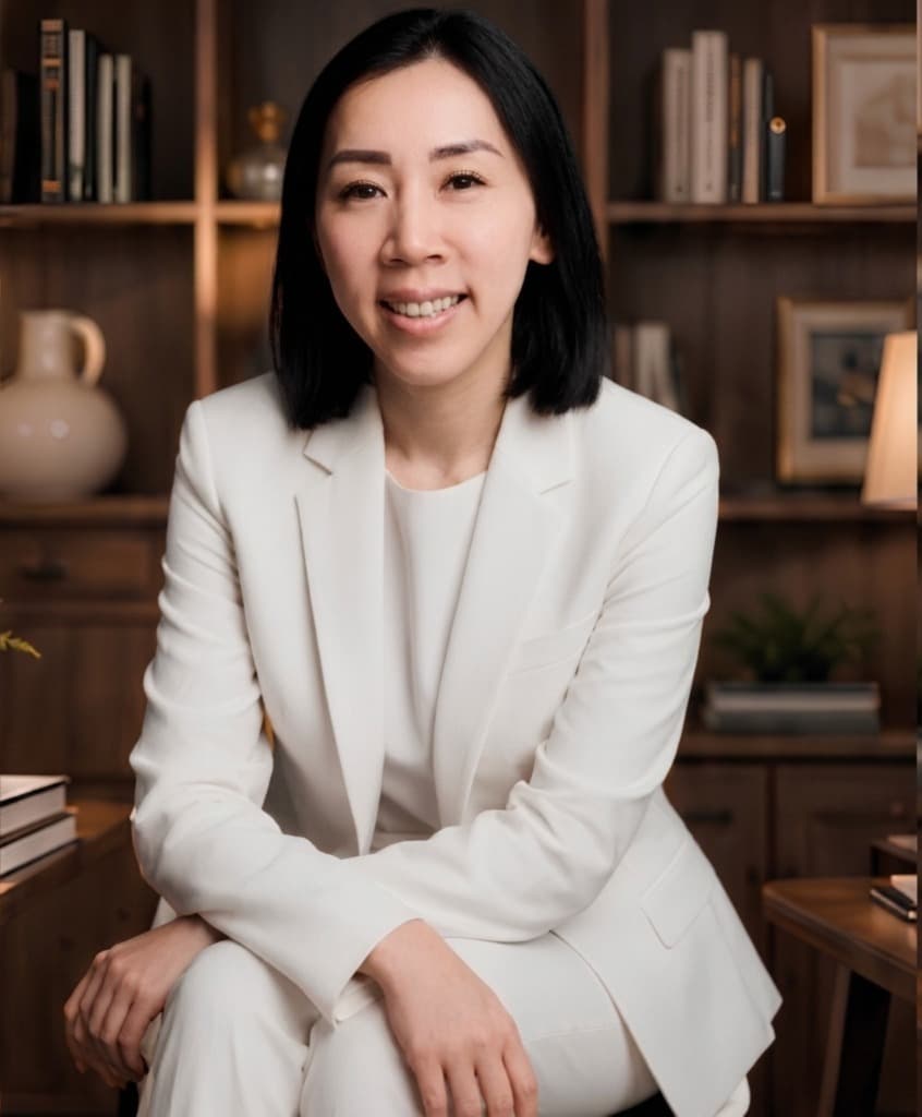 Kayla Ong, founder of Stageory, seated in a warmly lit study.
