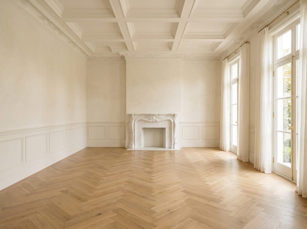 An empty reception room with a coffered ceiling, carved marble fireplace and herringbone oak floor