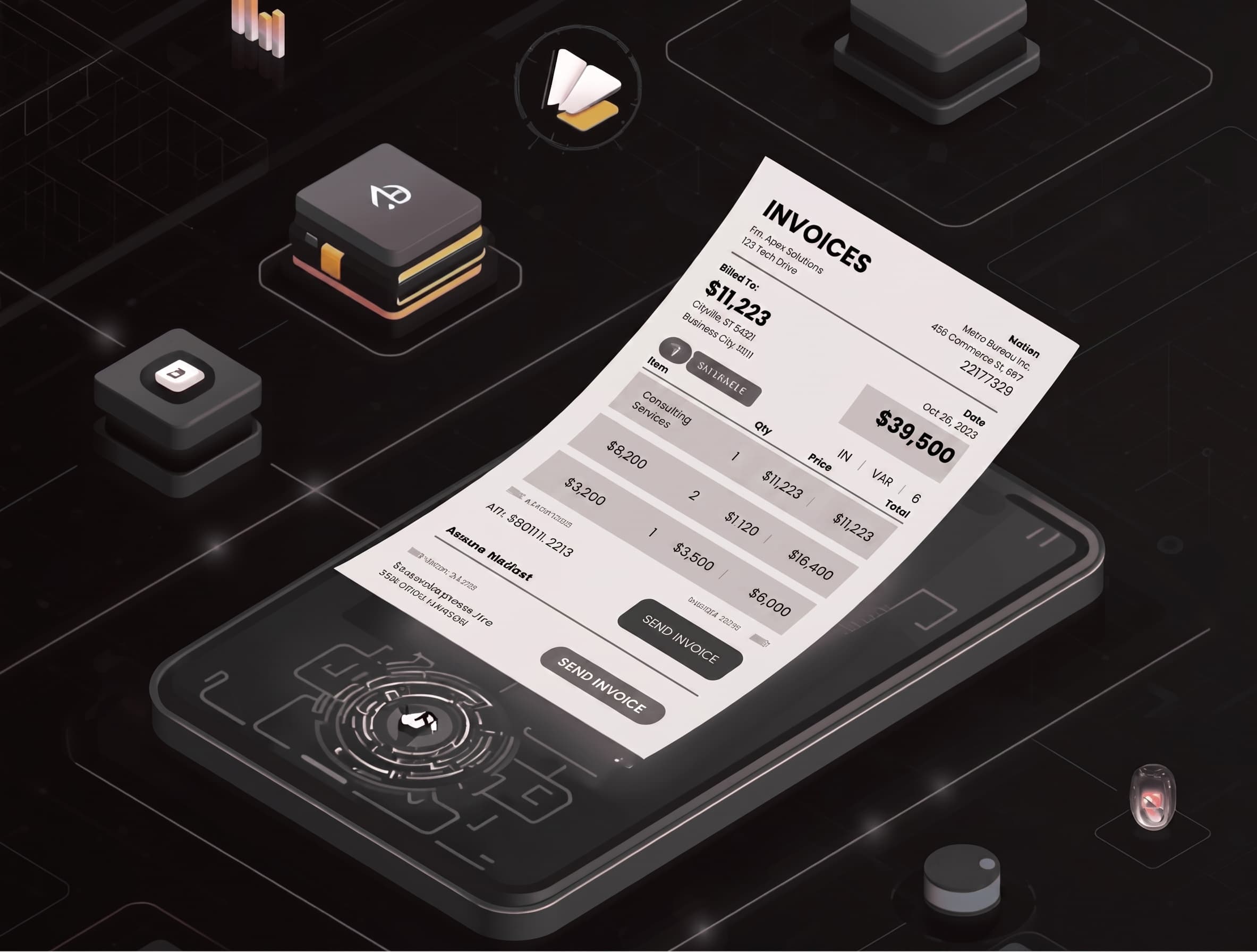 Isometric illustration — a phone on a dark grid surface with a long invoice receipt unfurling above it, showing line items, totals, and a Send Invoice action