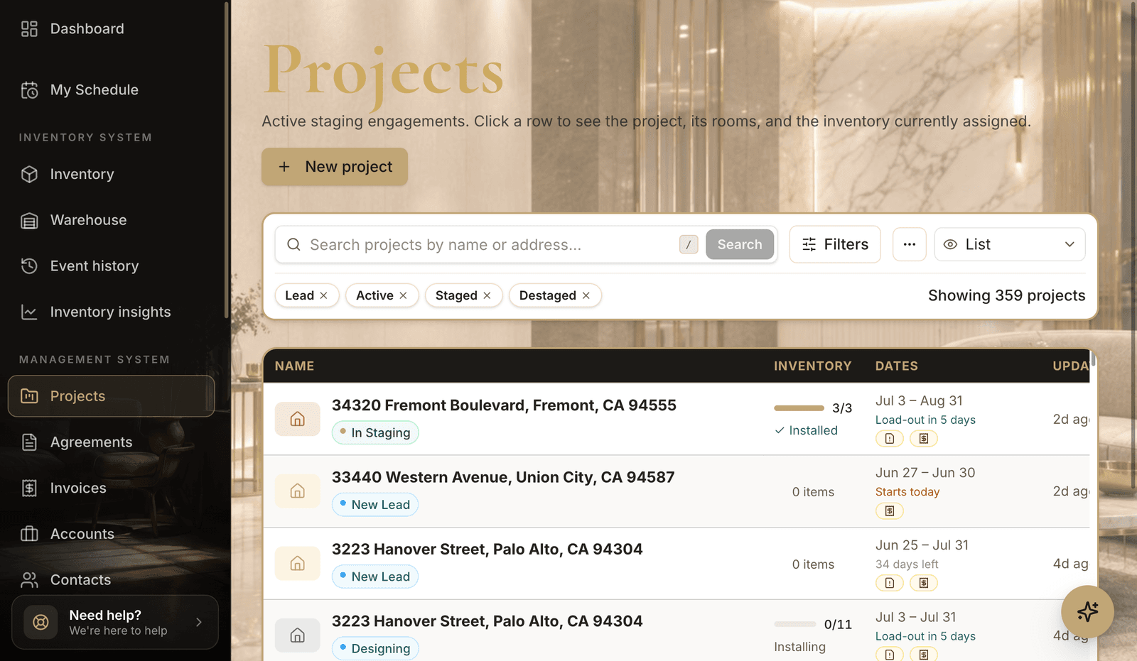 Stageory Projects screen listing active staging engagements with status, inventory progress, and load-out dates