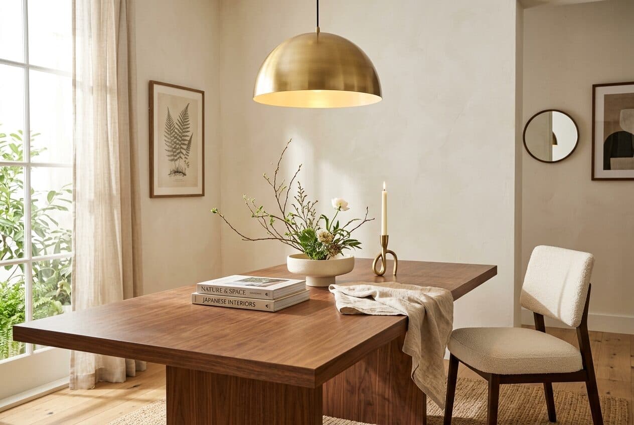 A warmly lit styled interior — vase, books, and brass lamp on a wood console.