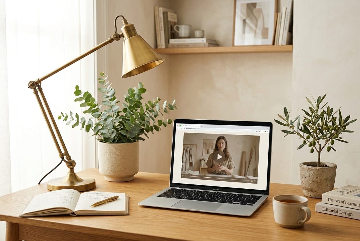 A warmly lit Stageory workspace — notebook, premium pen, laptop dashboard, and a ceramic mug on a light wood desk.
