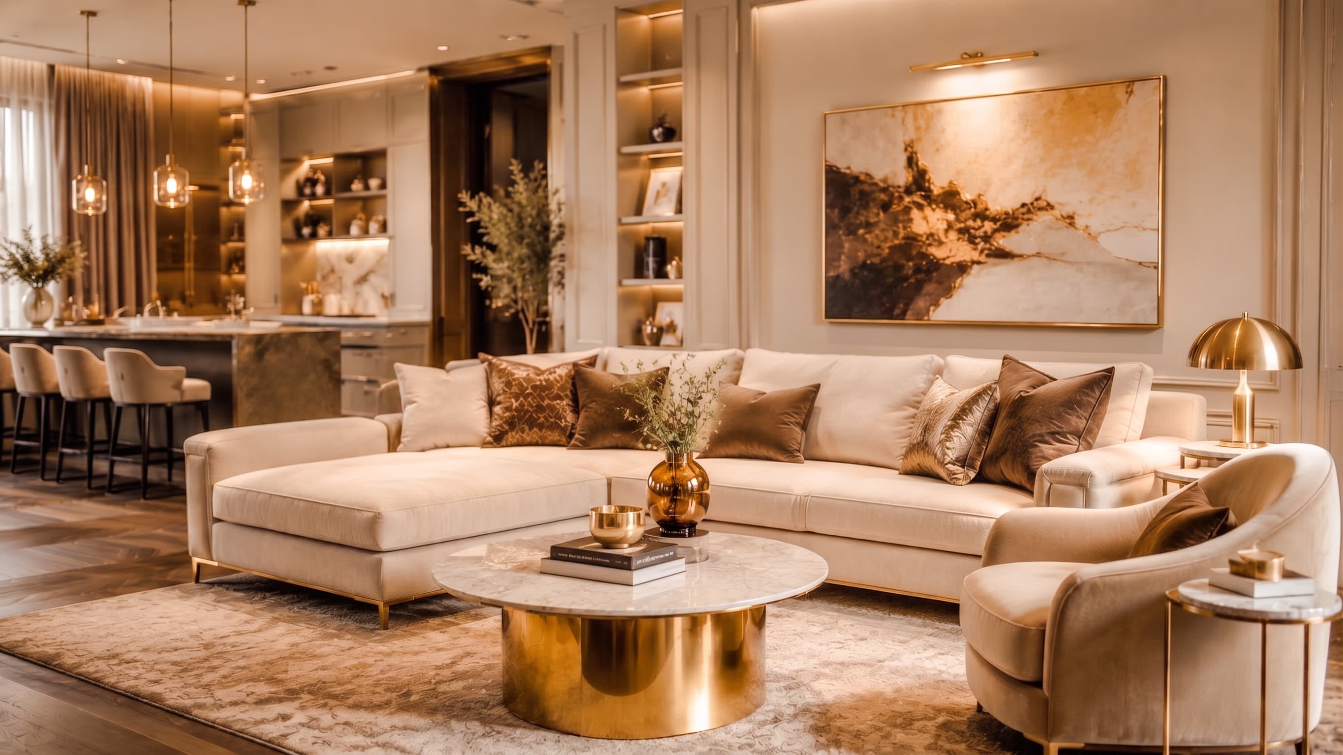 A warm, golden-lit open-plan living room — a cream sectional with velvet cushions, a brass coffee table, and a marble kitchen island behind