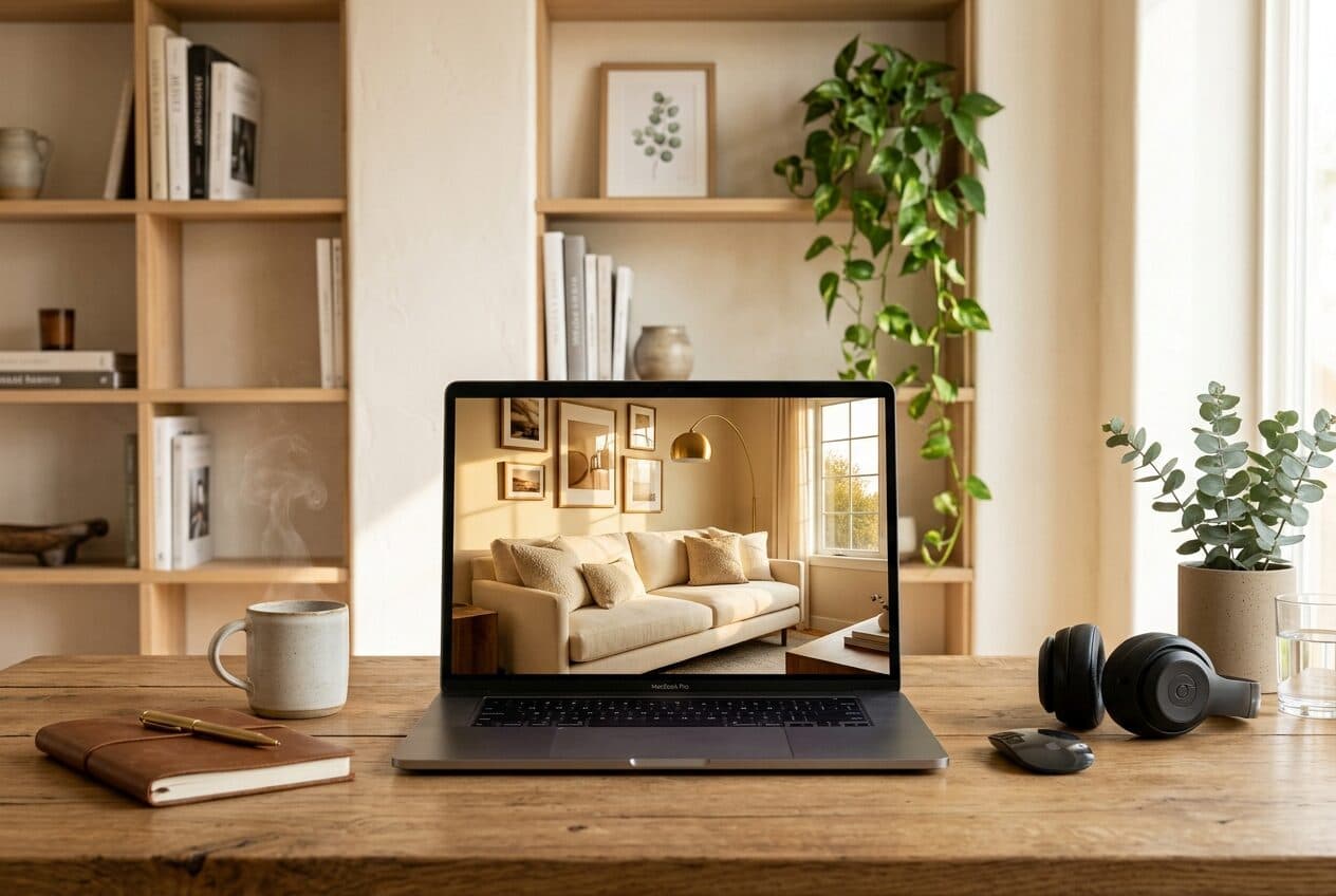 Personalized referral link surfaced on a laptop in a bright studio.