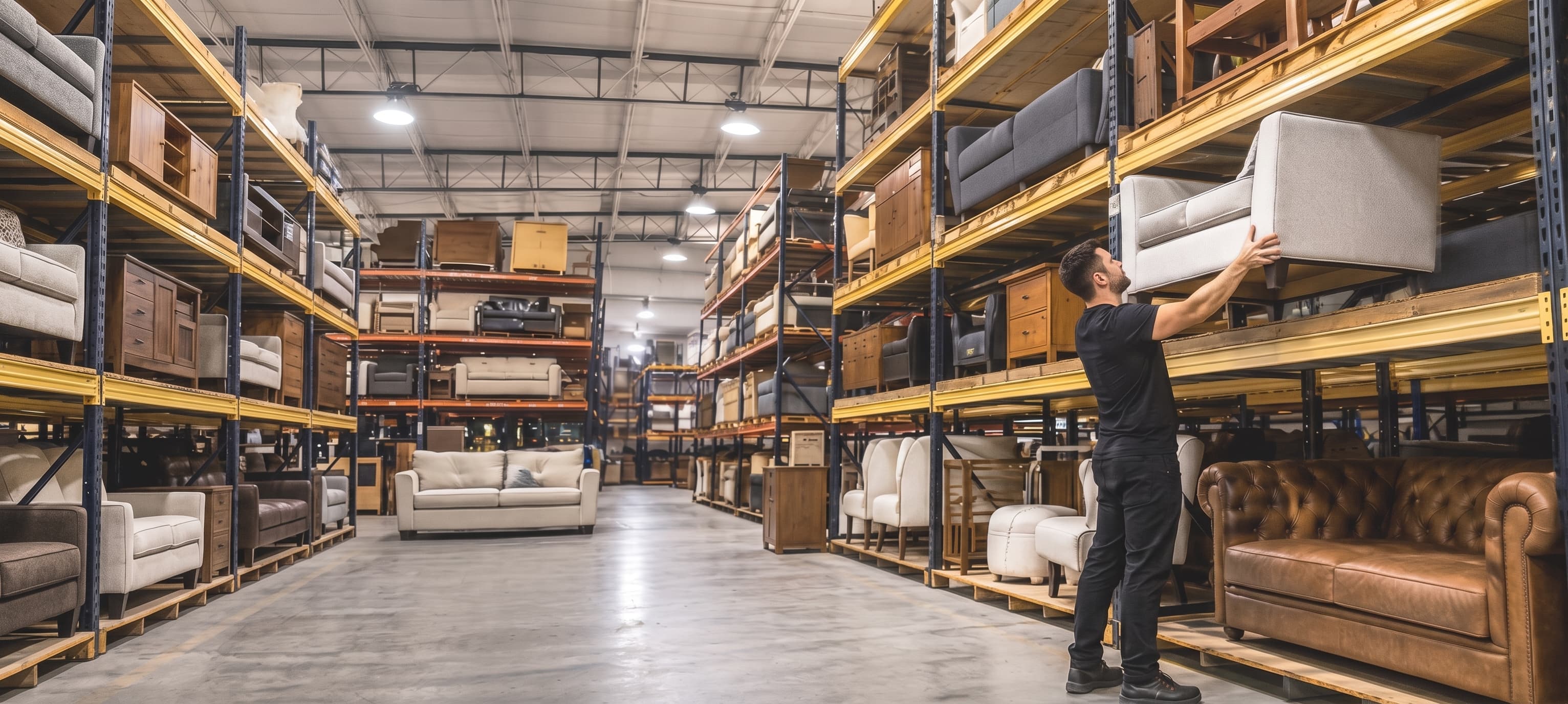 Panoramic furniture warehouse — pallet racks stacked with sofas, chairs, and cabinets, with a worker positioning an upholstered chair on the right