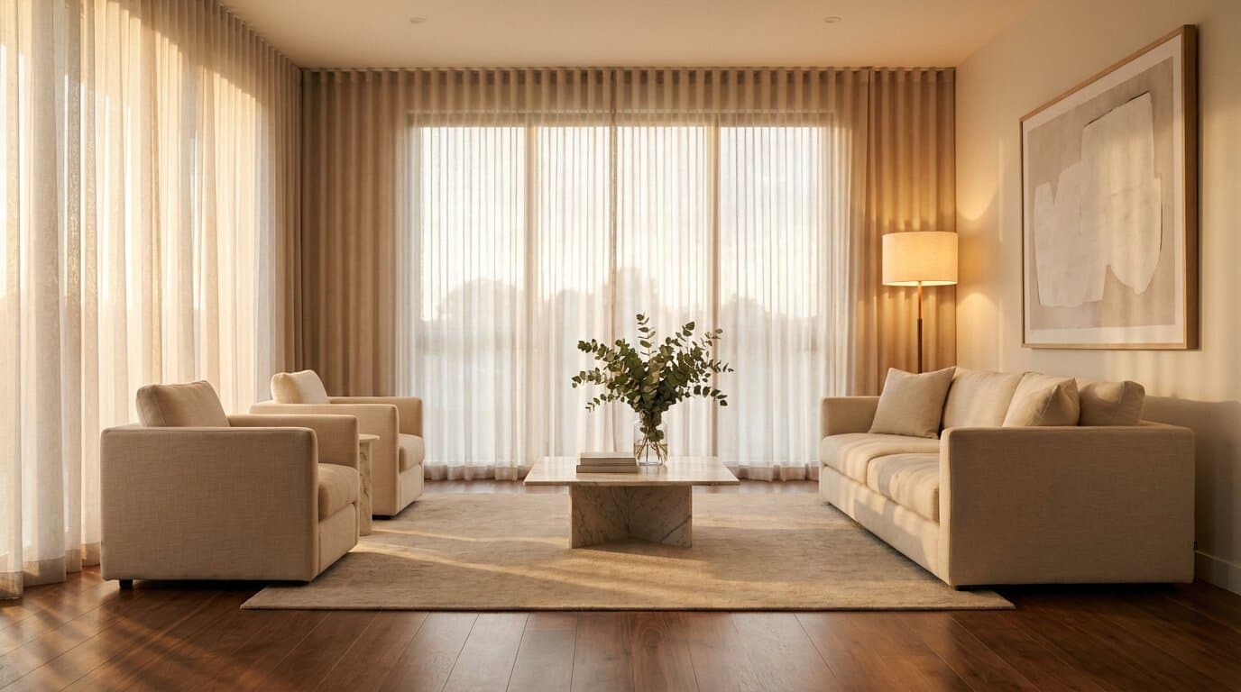 Sun-lit luxury living room — the kind of staged interior Stageory affiliates earn alongside.