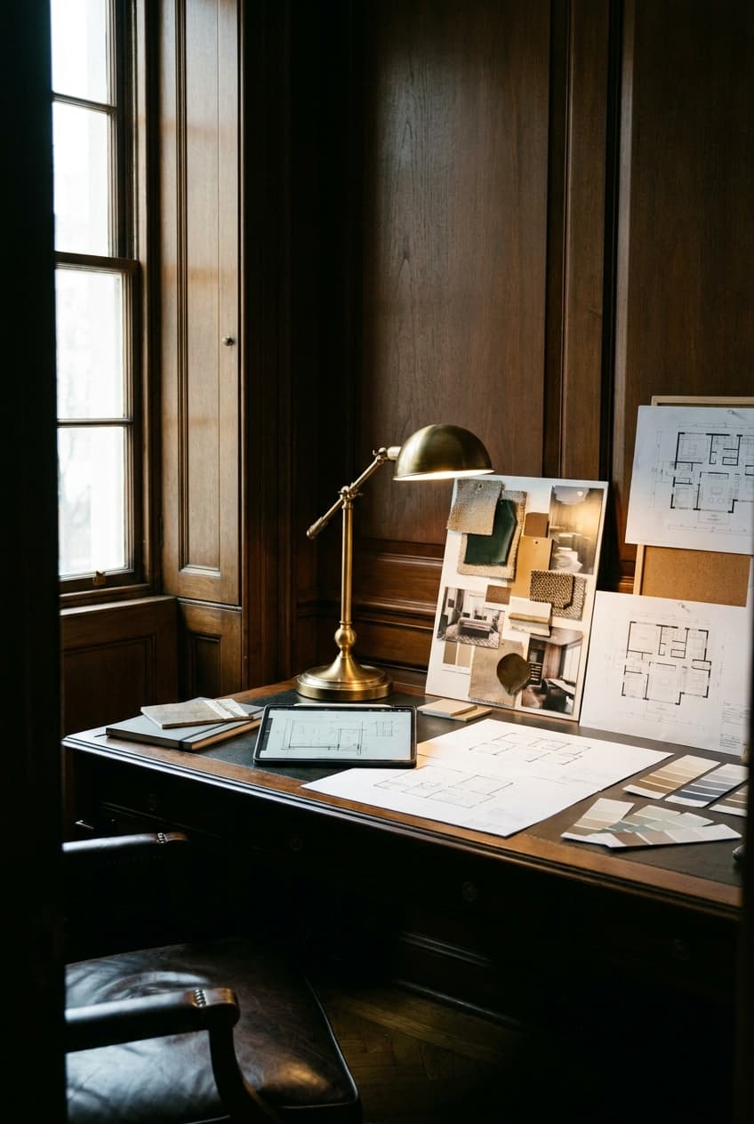 A dark wood study desk with a brass lamp, a tablet showing floor plans, printed layouts, fabric swatches, and a mood board