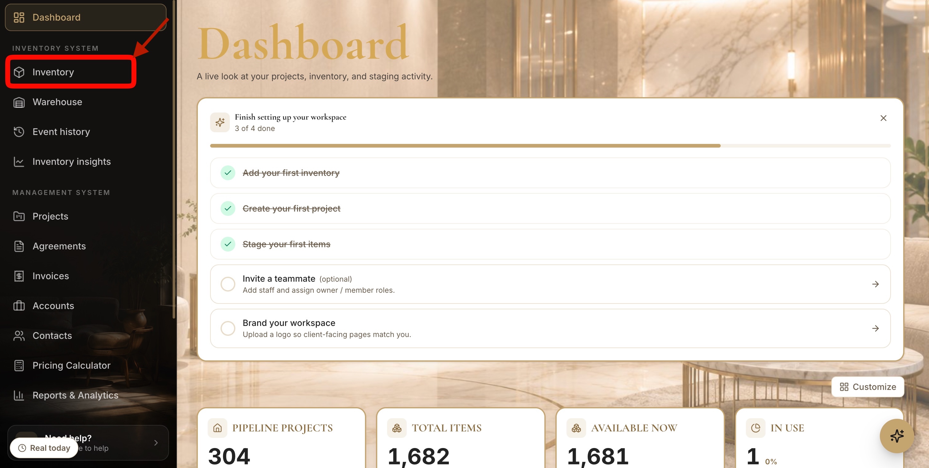 Dashboard with the "Inventory" sidebar item highlighted