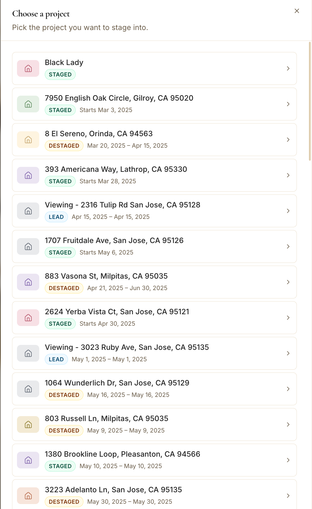 The "Choose a project" list
