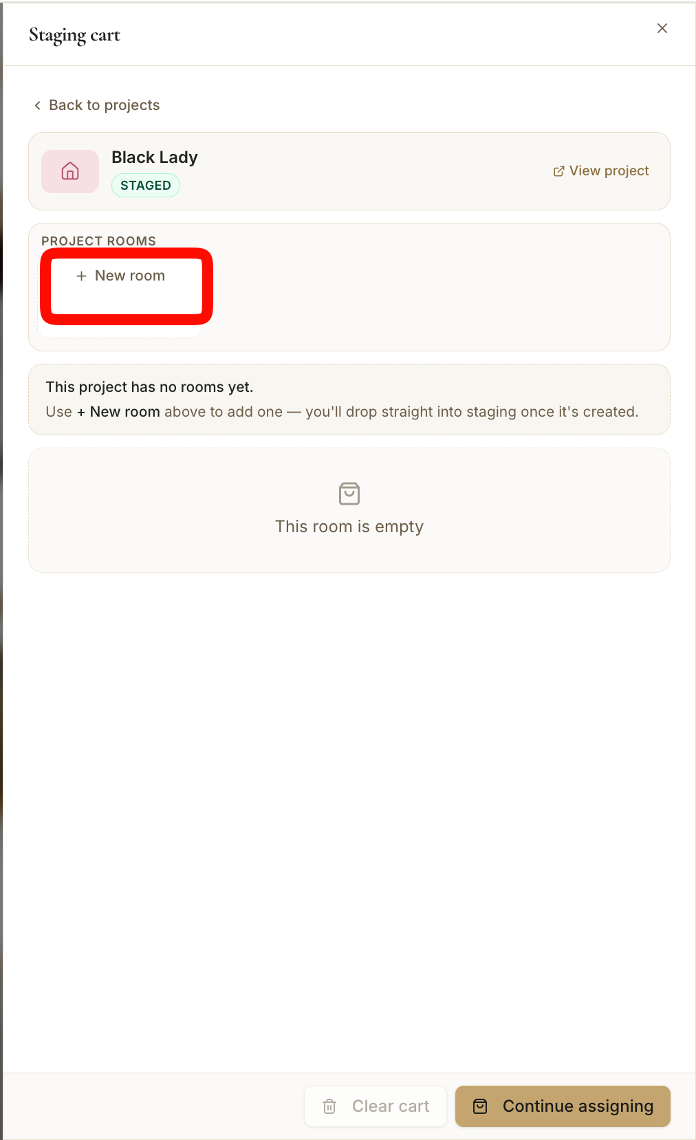 The Staging cart with the "New room" button highlighted