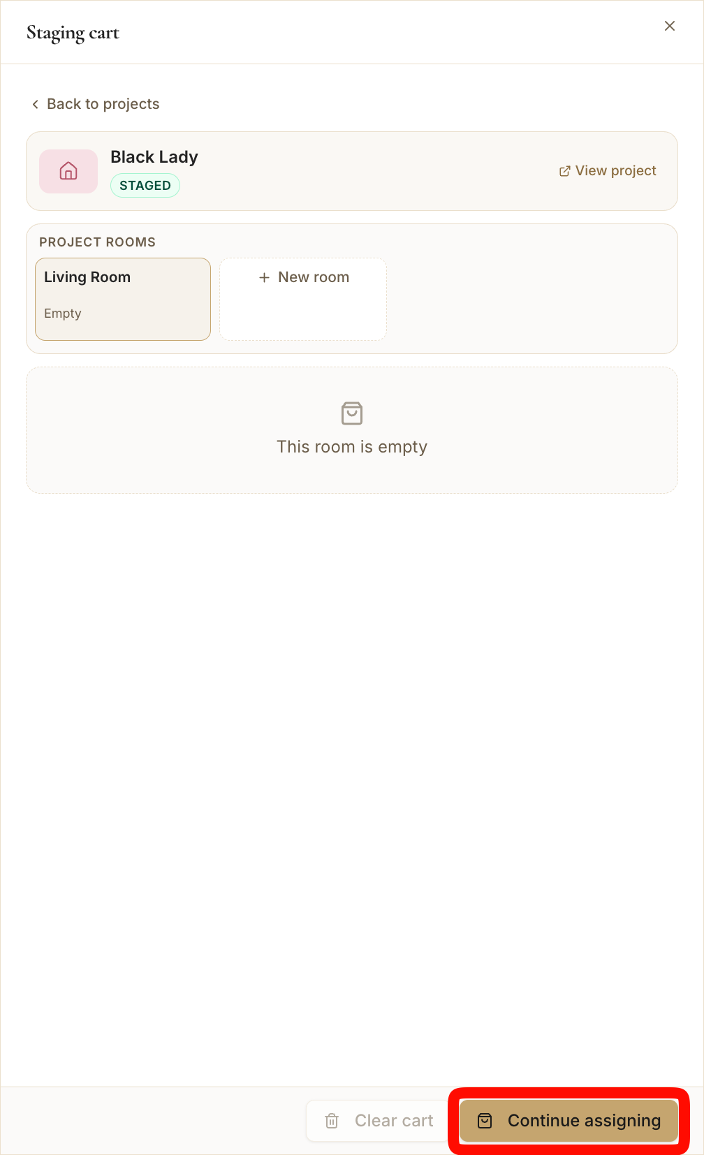 The Staging cart with the "Continue assigning" button highlighted