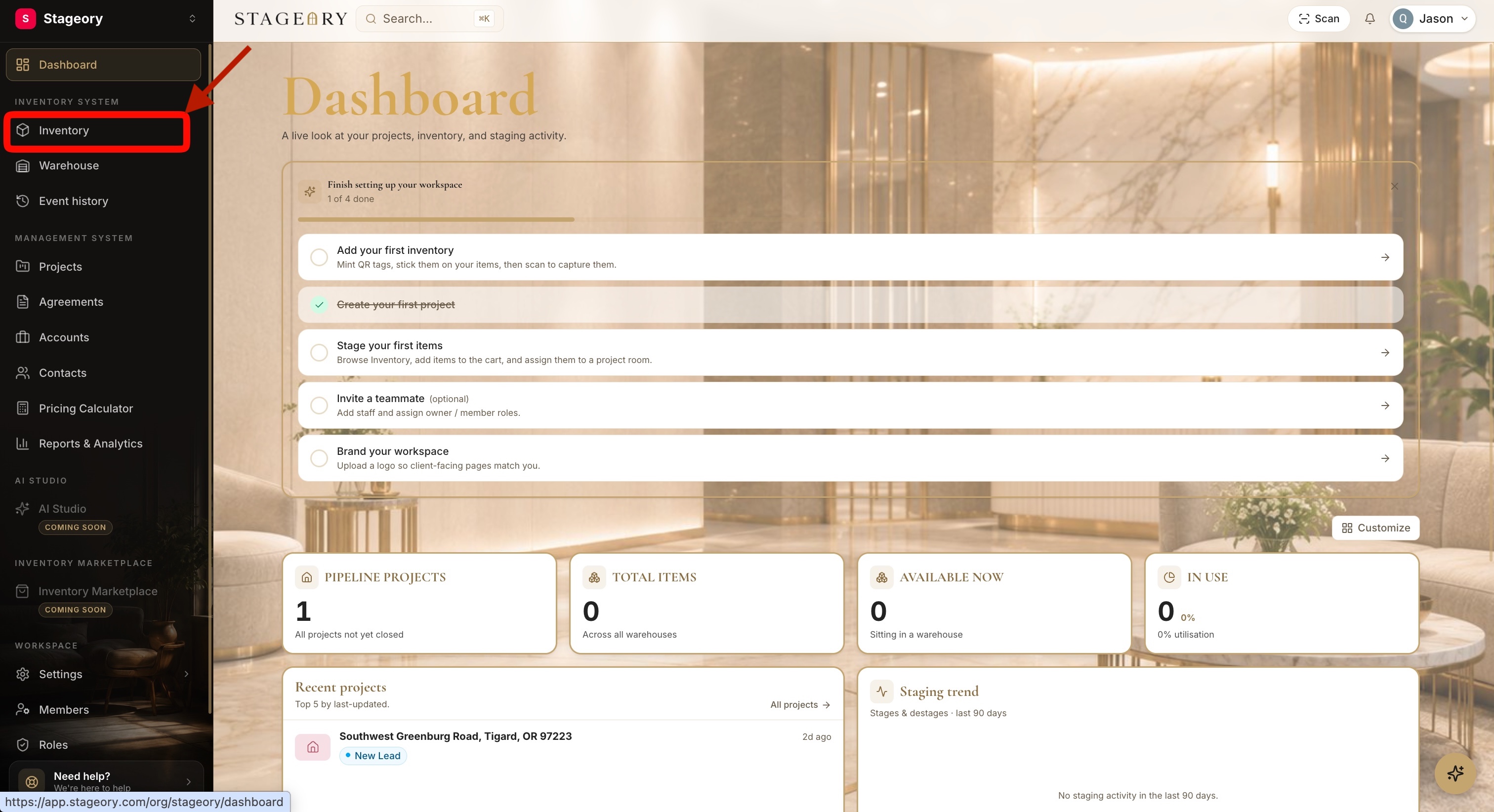 Dashboard with the "Inventory" sidebar item highlighted