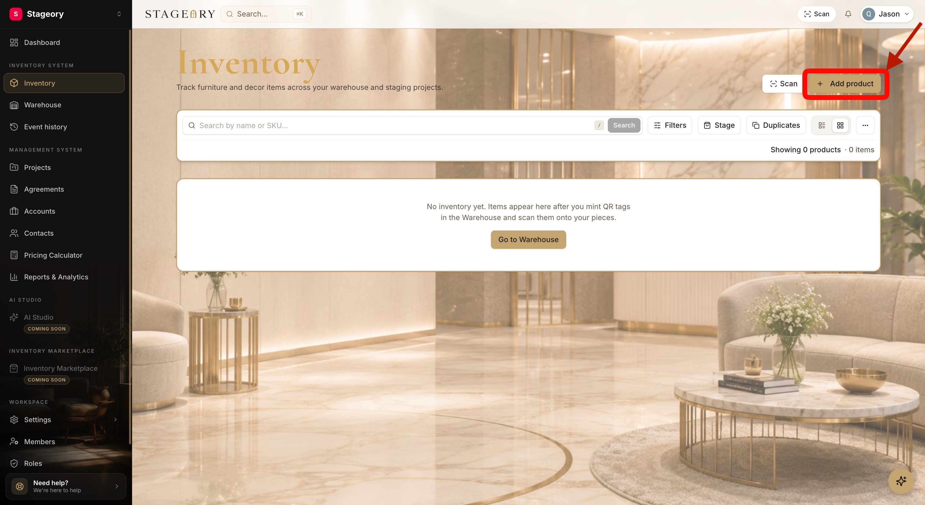 The Inventory page with the "Add product" button highlighted