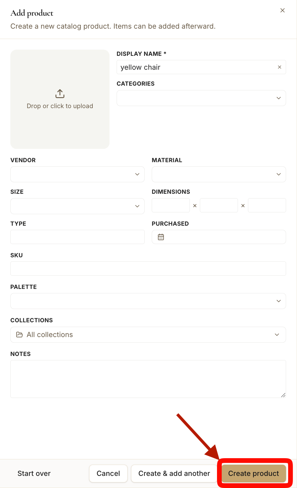 The Add product form with the "Create product" button highlighted