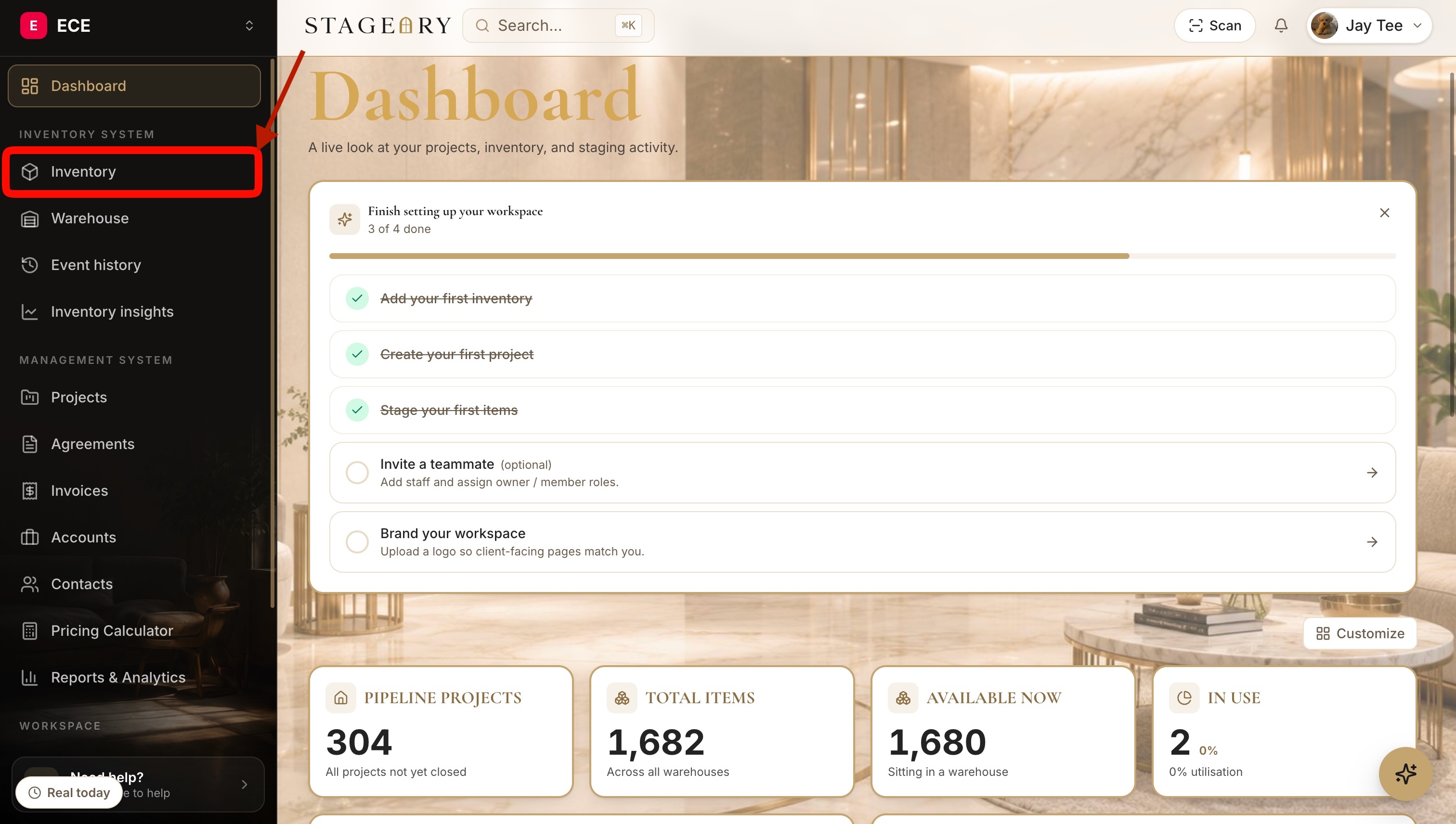 Dashboard with the "Inventory" sidebar item highlighted