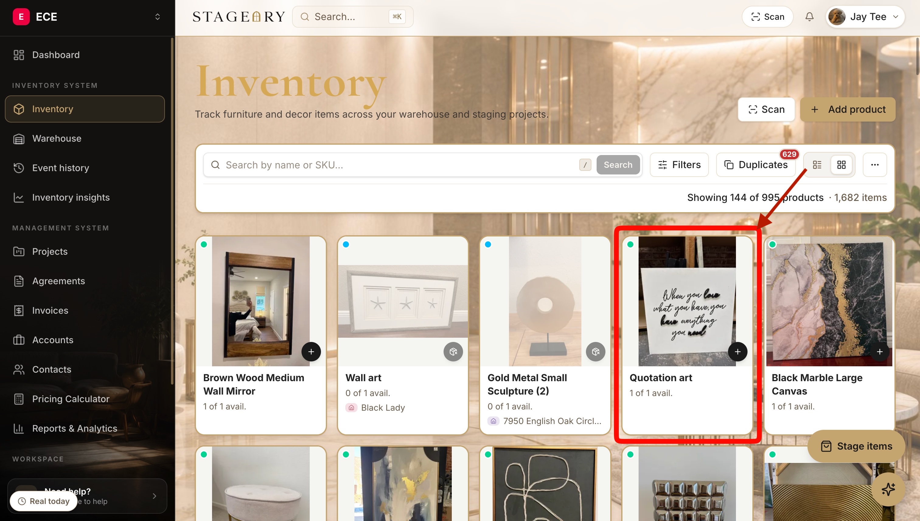 The Inventory catalog with the "Quotation art" card highlighted