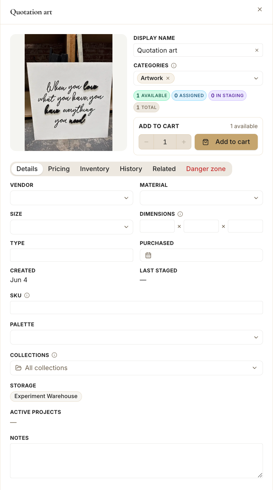 The product detail panel open on the "Details" tab