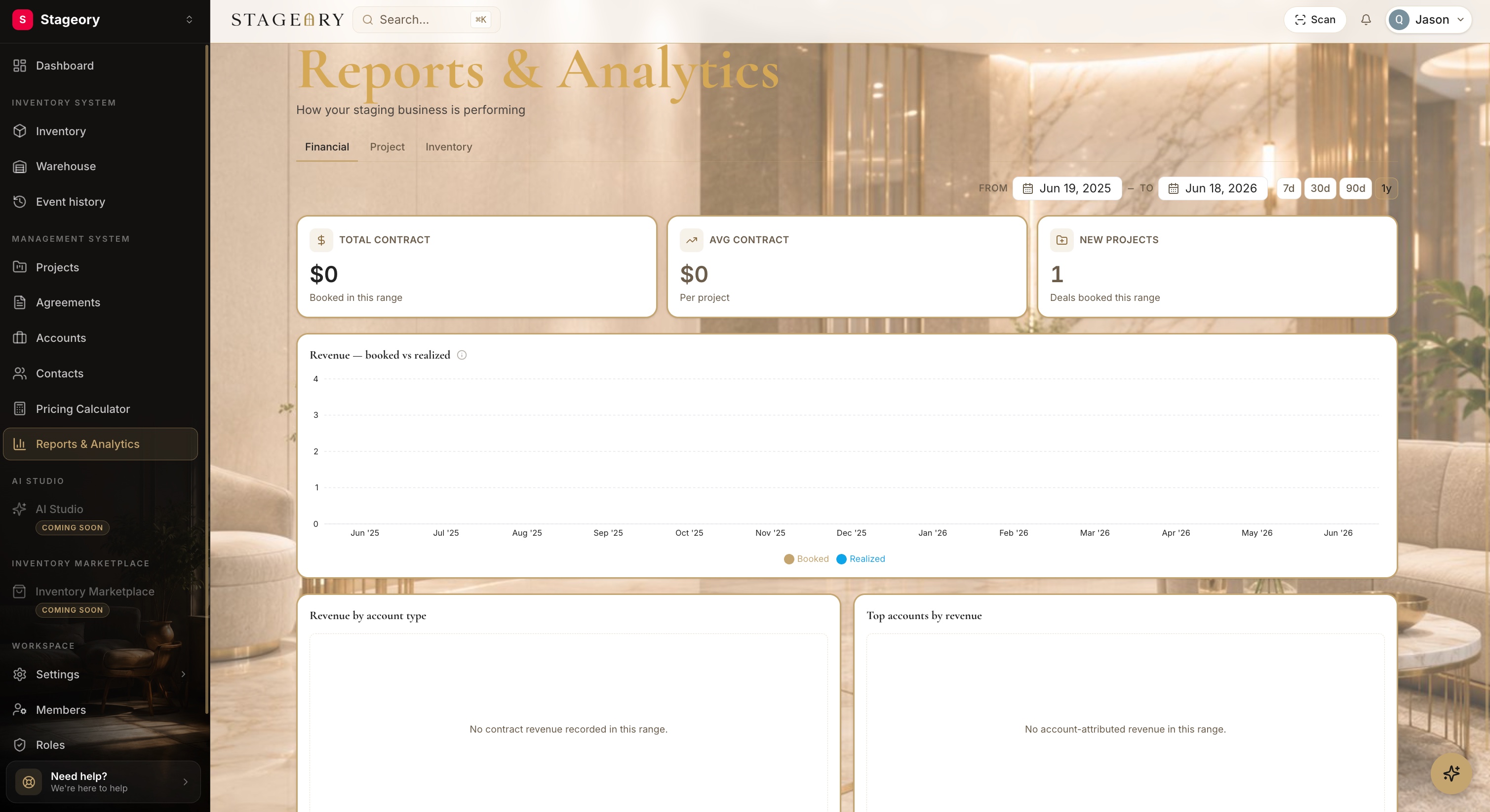 The Financial / Project / Inventory tabs and the date-range filter