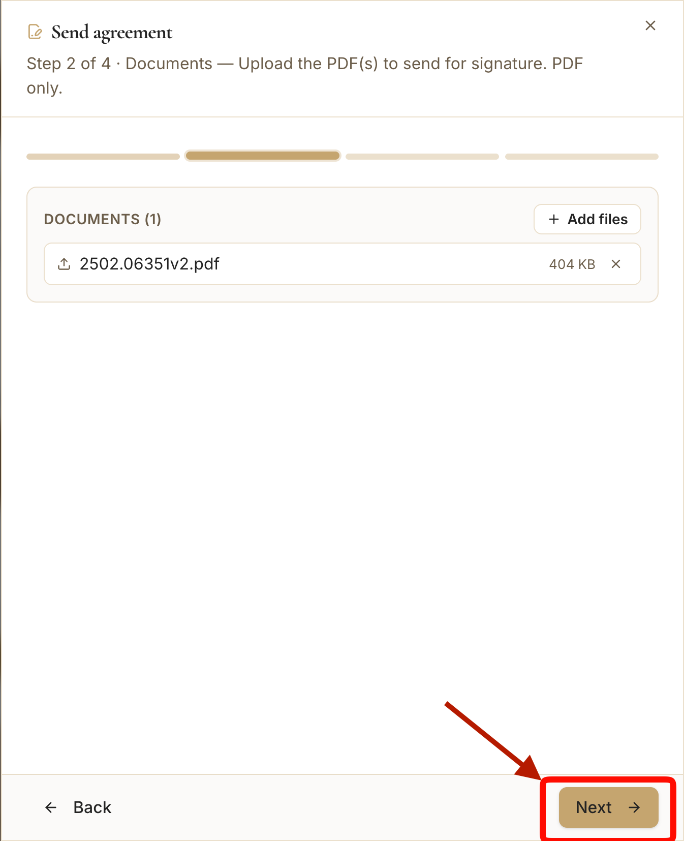 The uploaded document list before continuing