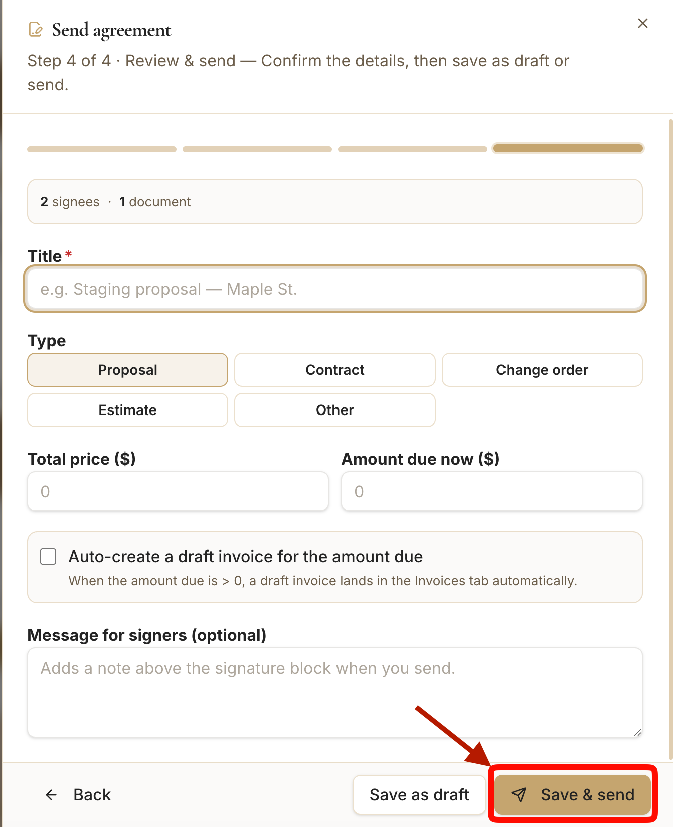 The Review & send step with title, type, pricing, and message
