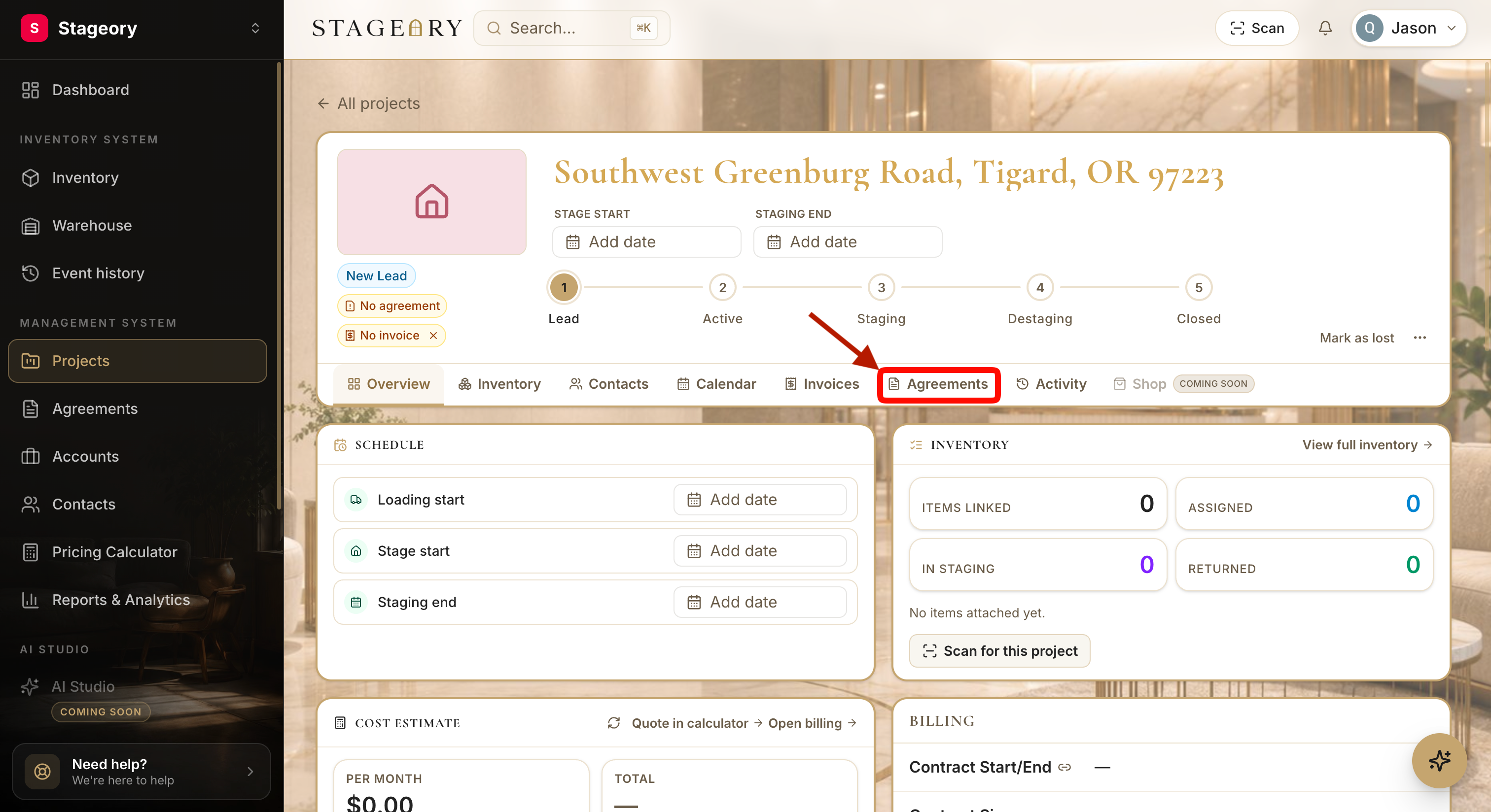 The project "Agreements" tab
