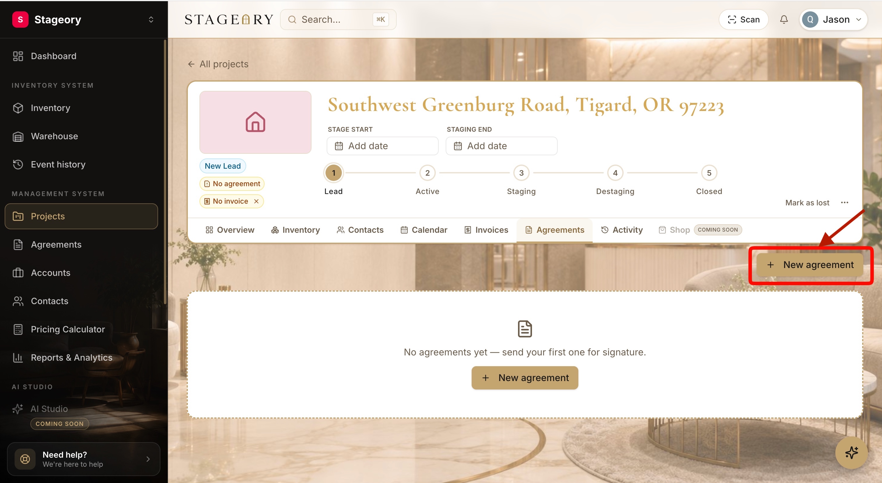 The Agreements tab with the "New Agreement" button