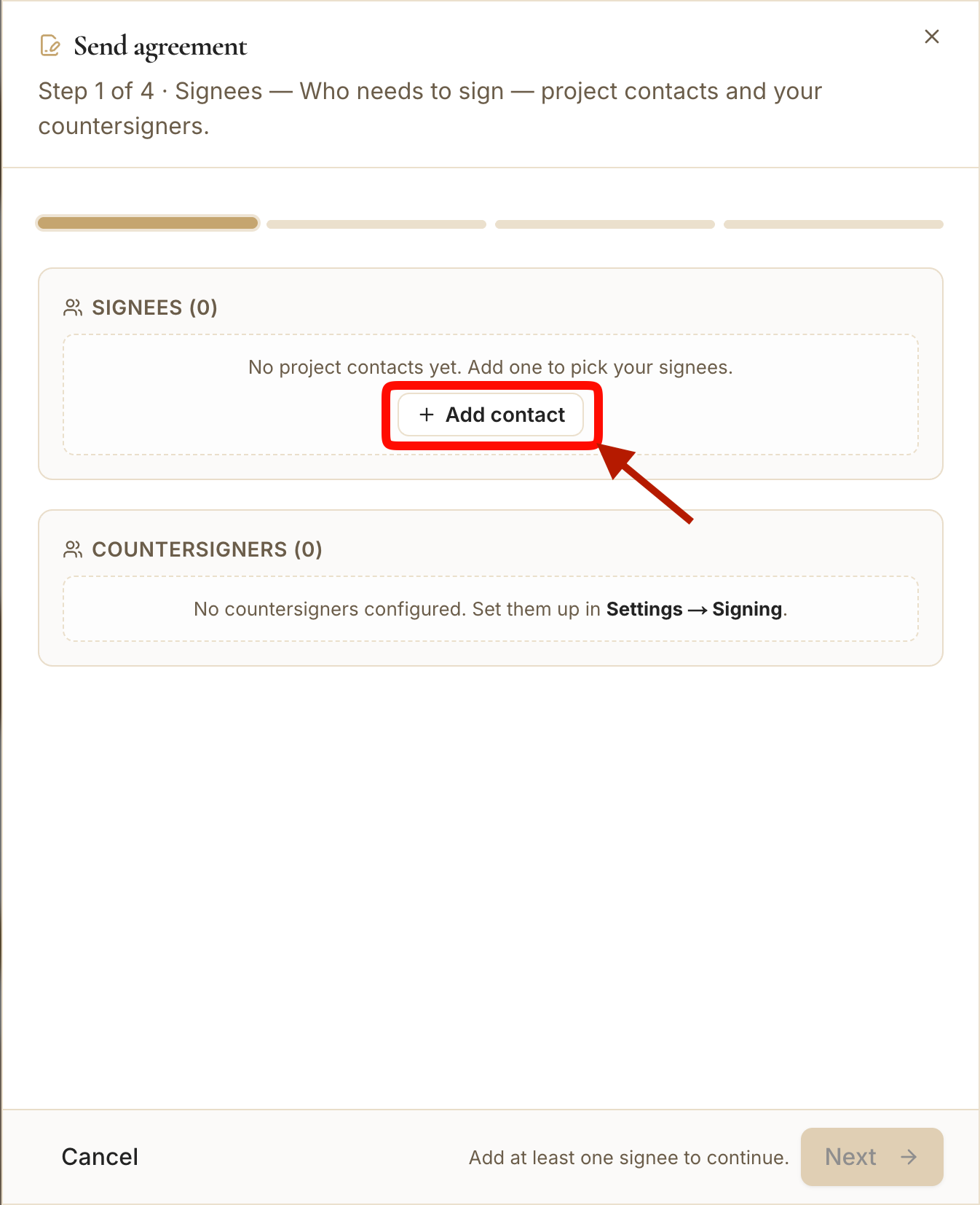The Signees step with the "Add Contact" button