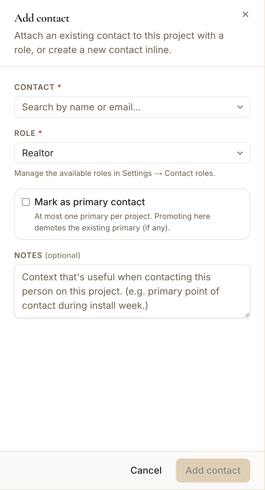 The add-contact panel with role, primary, and notes fields