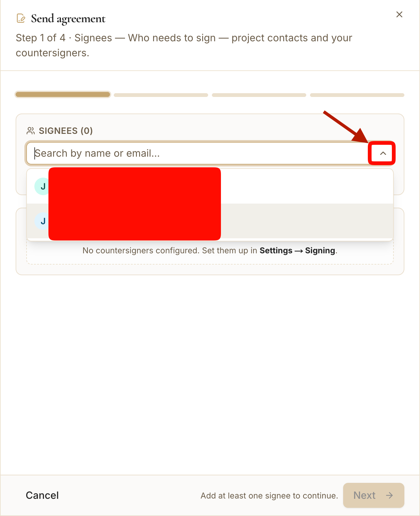 The contact search with signers being selected