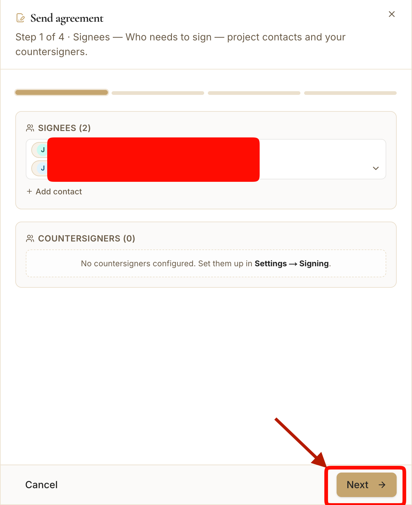 The confirmed signer list with the Next button