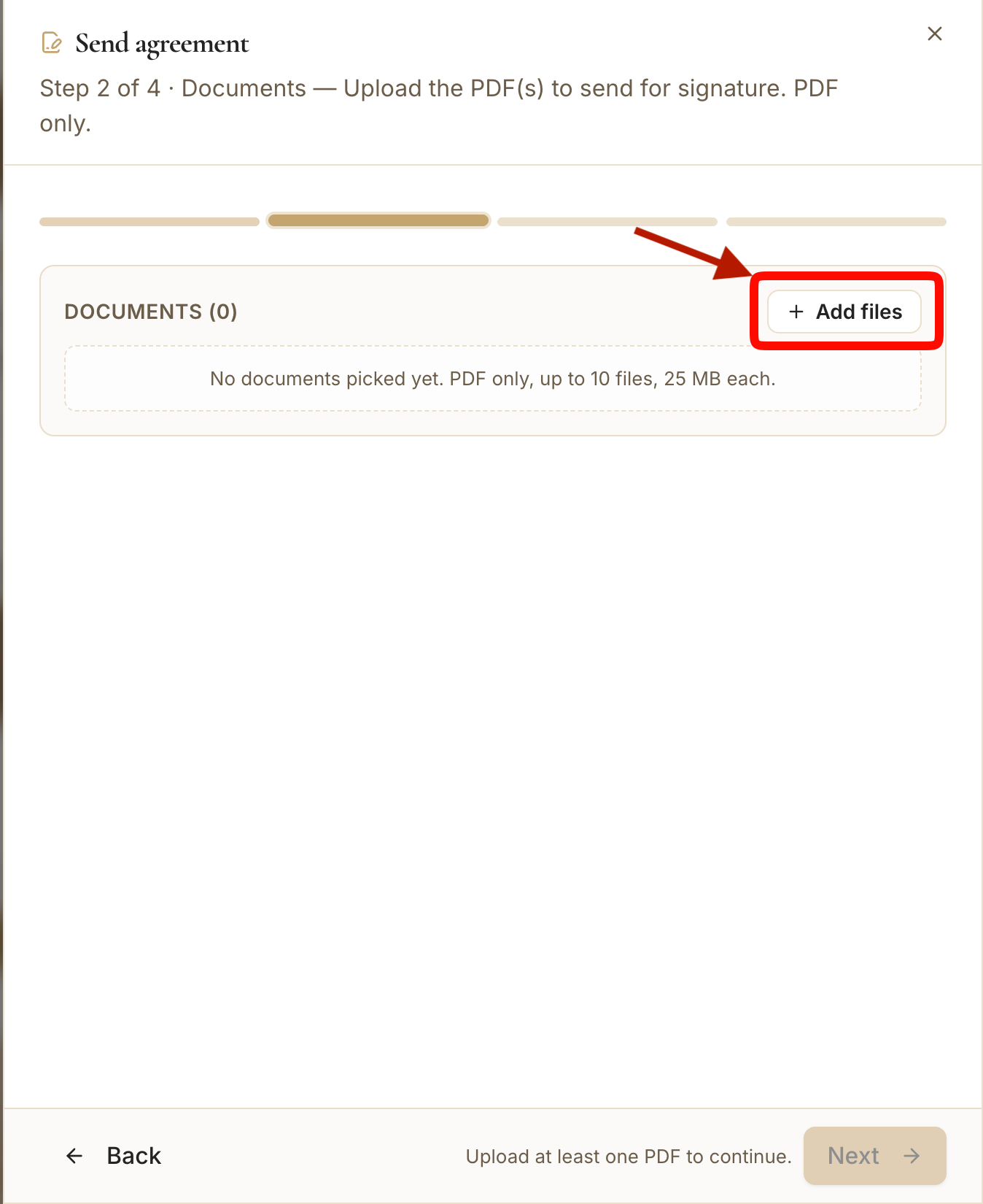 The Documents step with the "Add Files" uploader