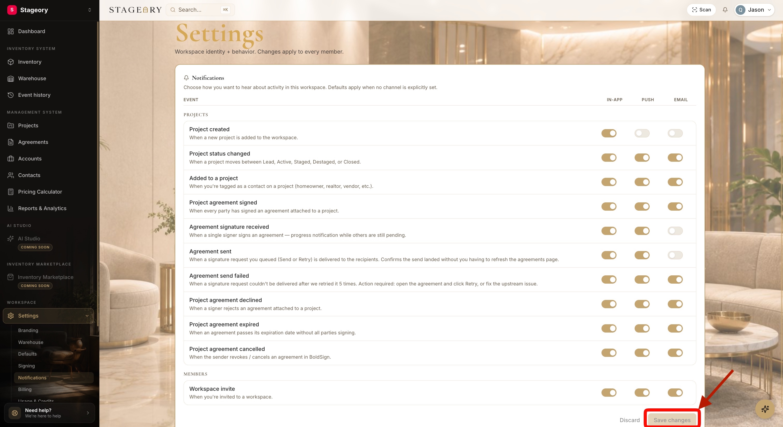 The Notifications event list with In-App, Push, and Email channel toggles