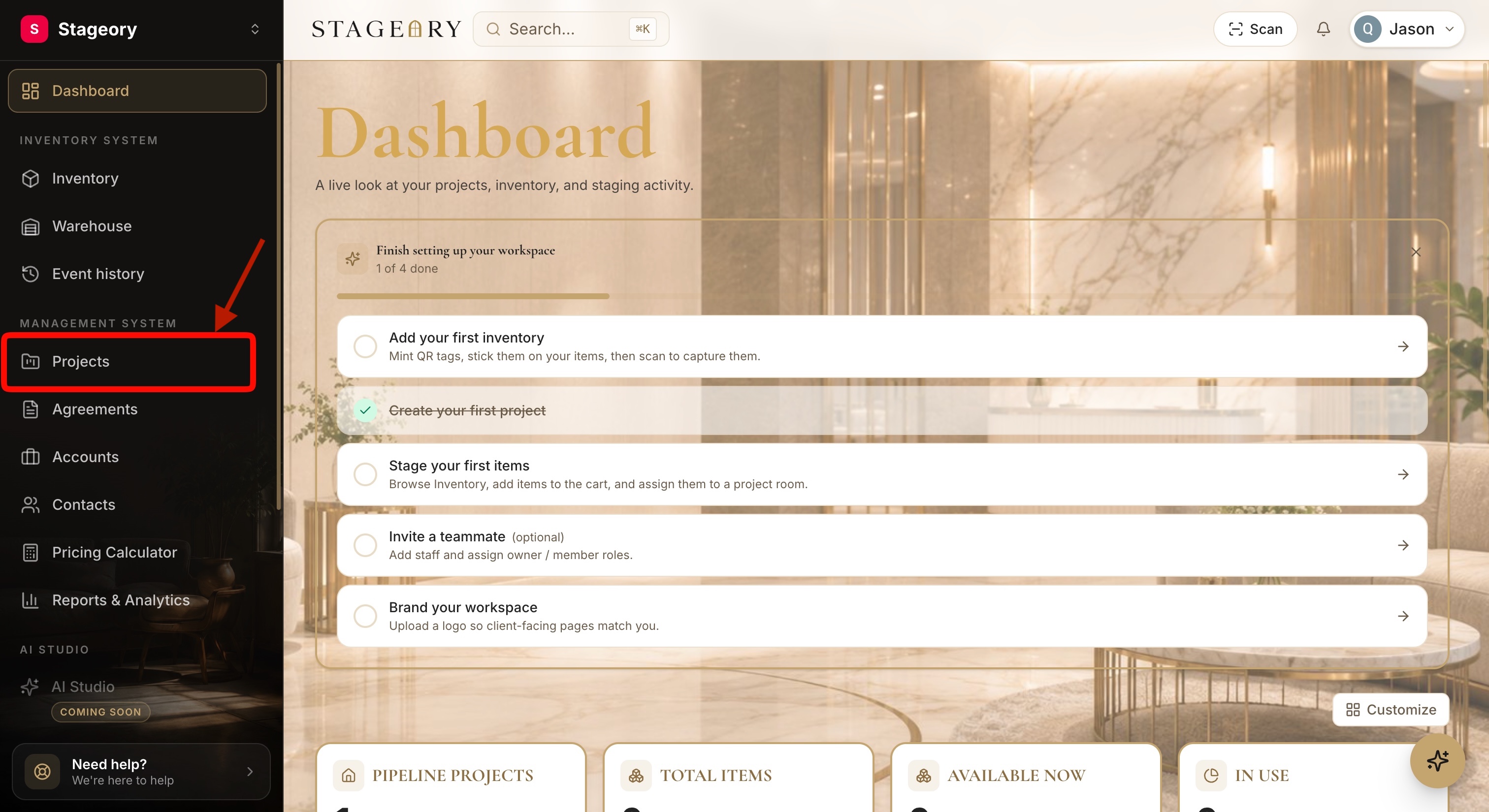The Projects list under the Management System section