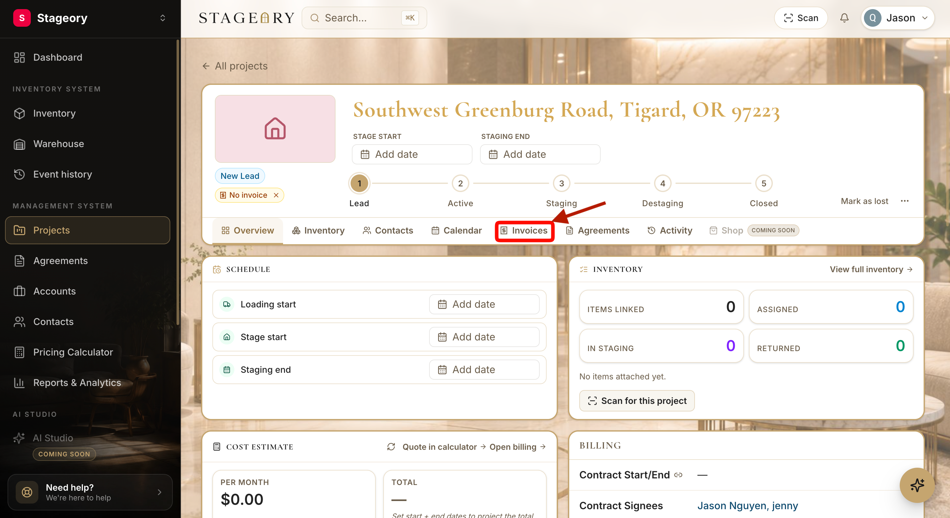The Invoices tab with the "Add Invoice" button