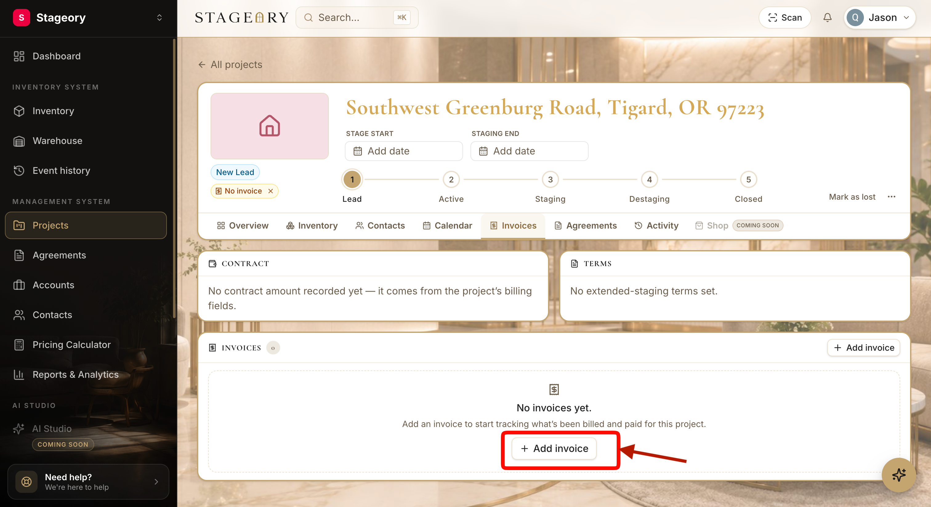 The invoice form with Title, Amount, Currency, and Status fields