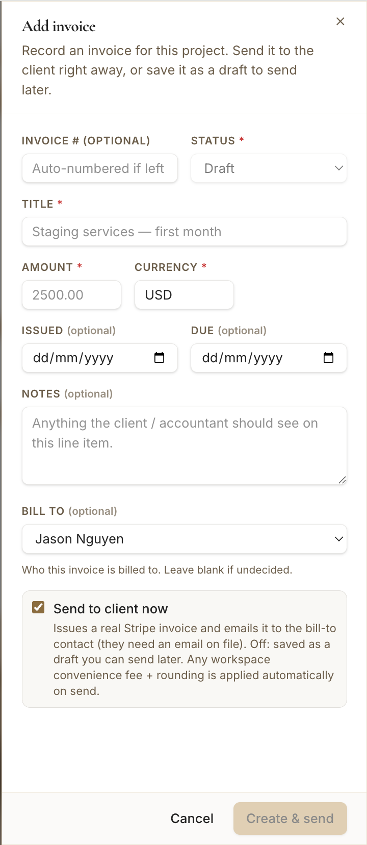 The invoice form's billing fields: number, dates, notes, and Bill To