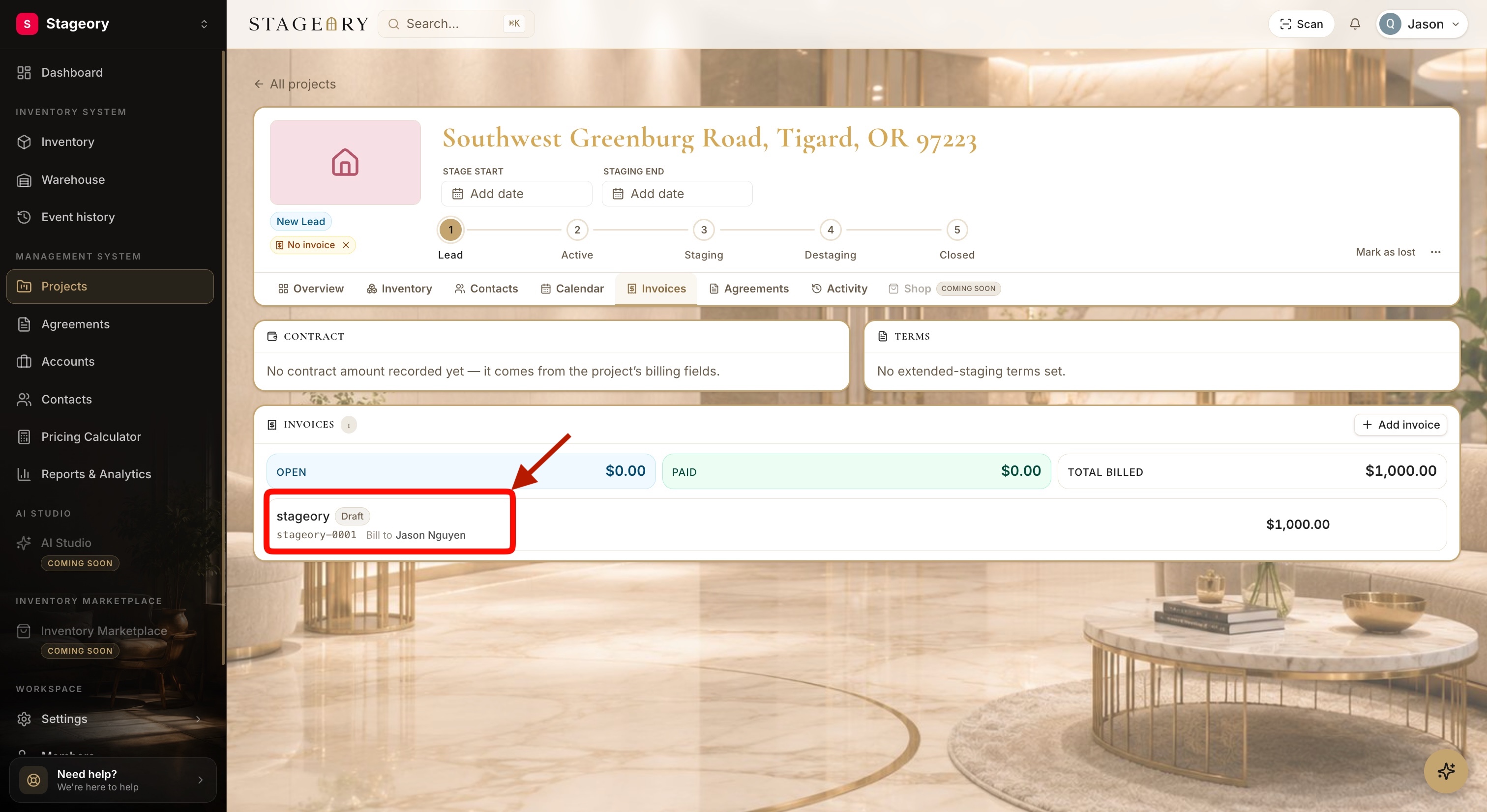 The project invoice list showing status, number, contact, and balance