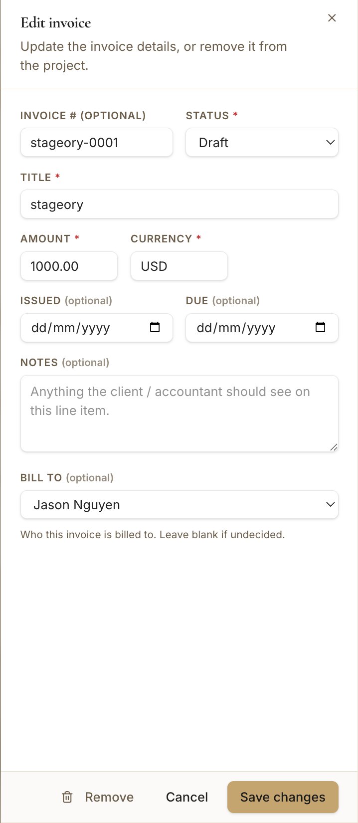 An open invoice with editable fields and the "Save Changes" button