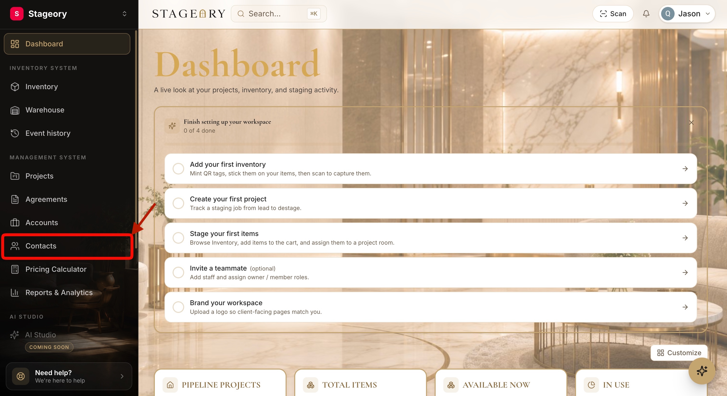 The Contacts page under the Management System section