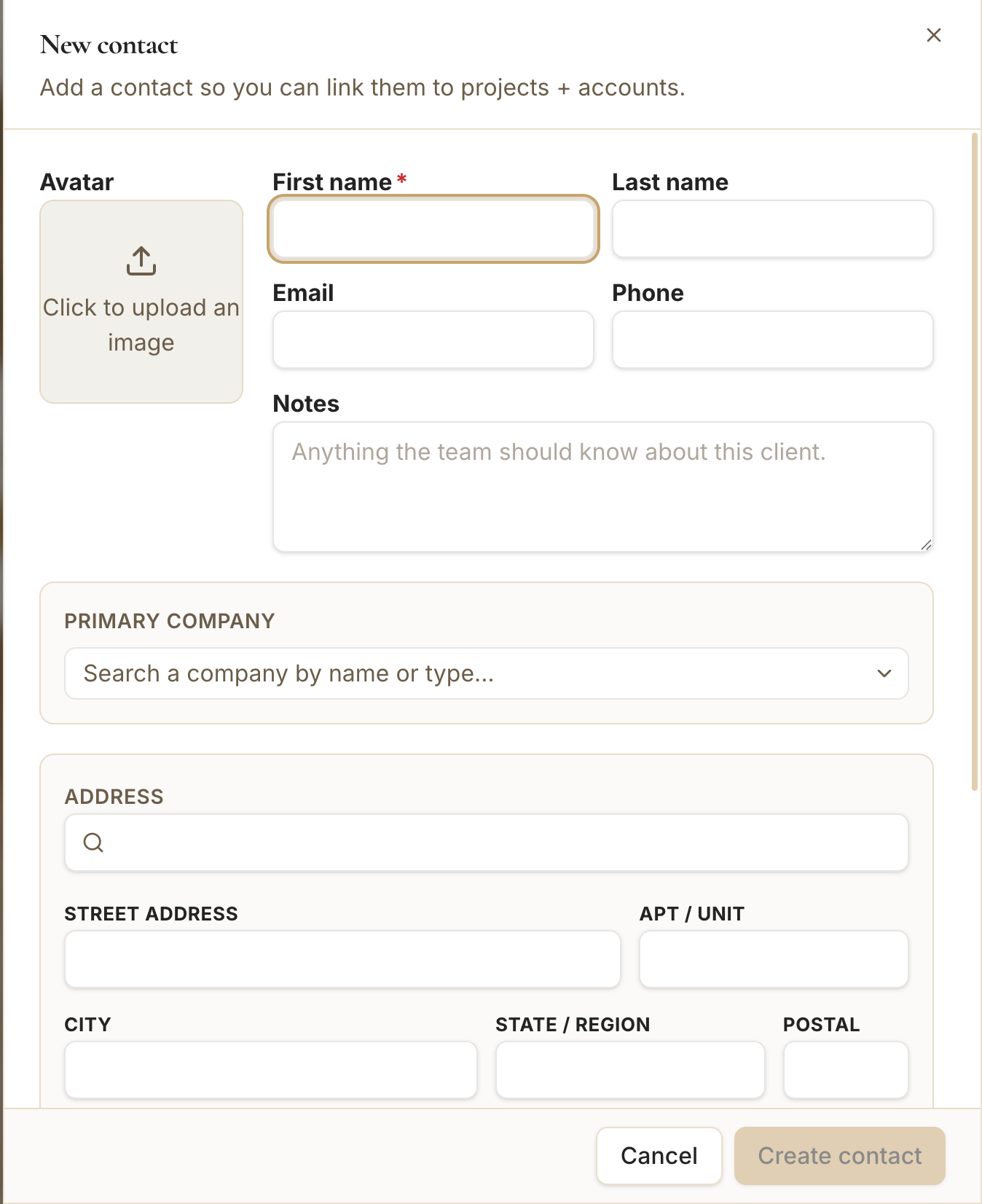 The new-contact form with the profile fields