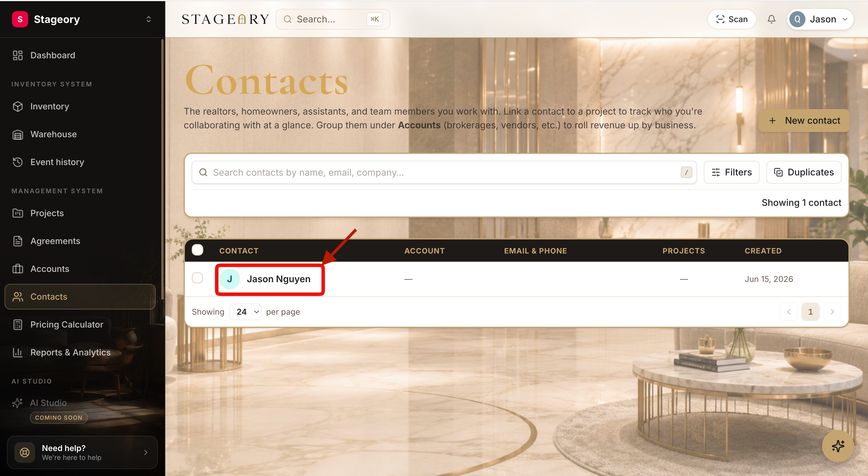 The Contacts list with the newly created contact
