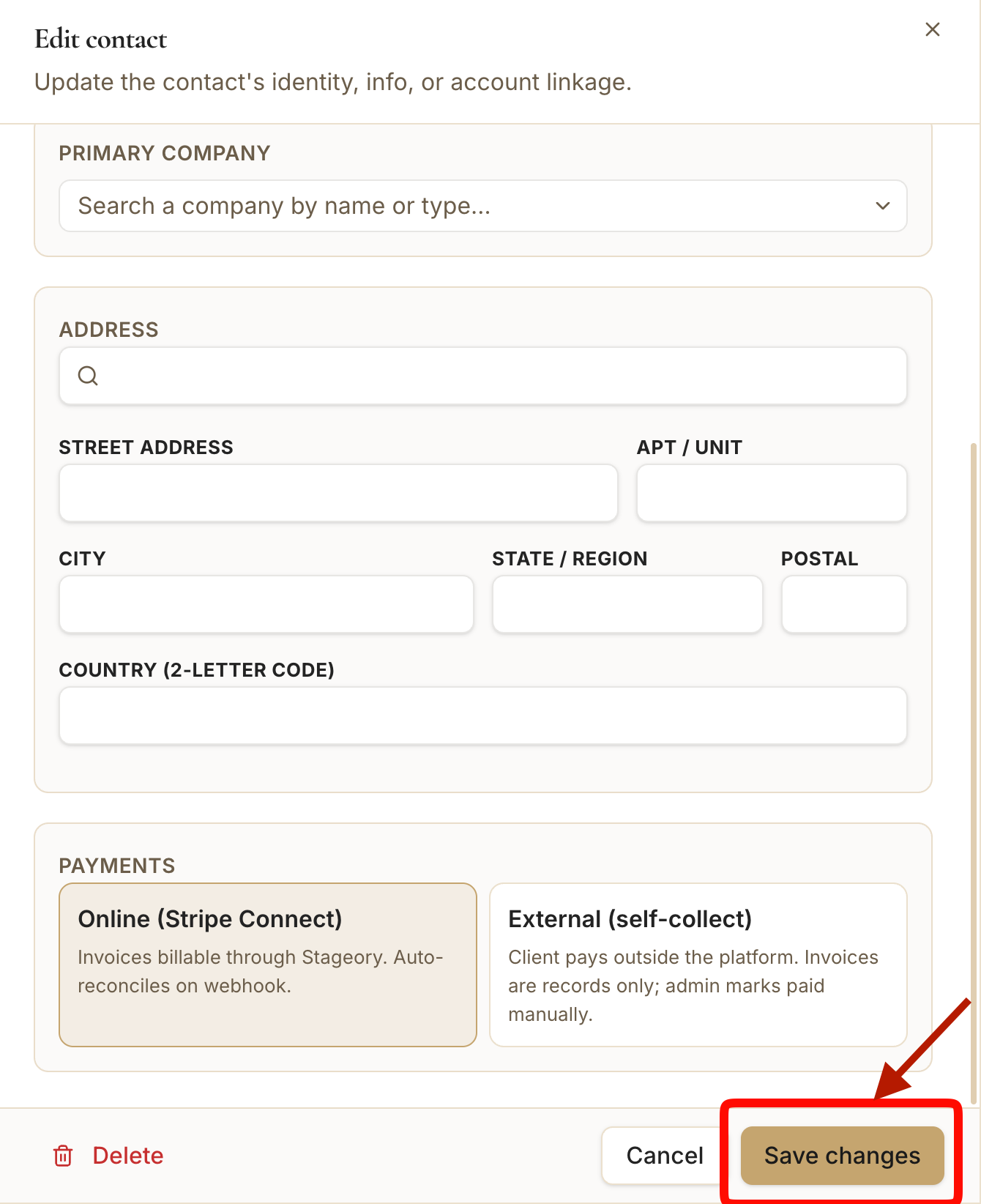 The contact record with company, address, and payment settings