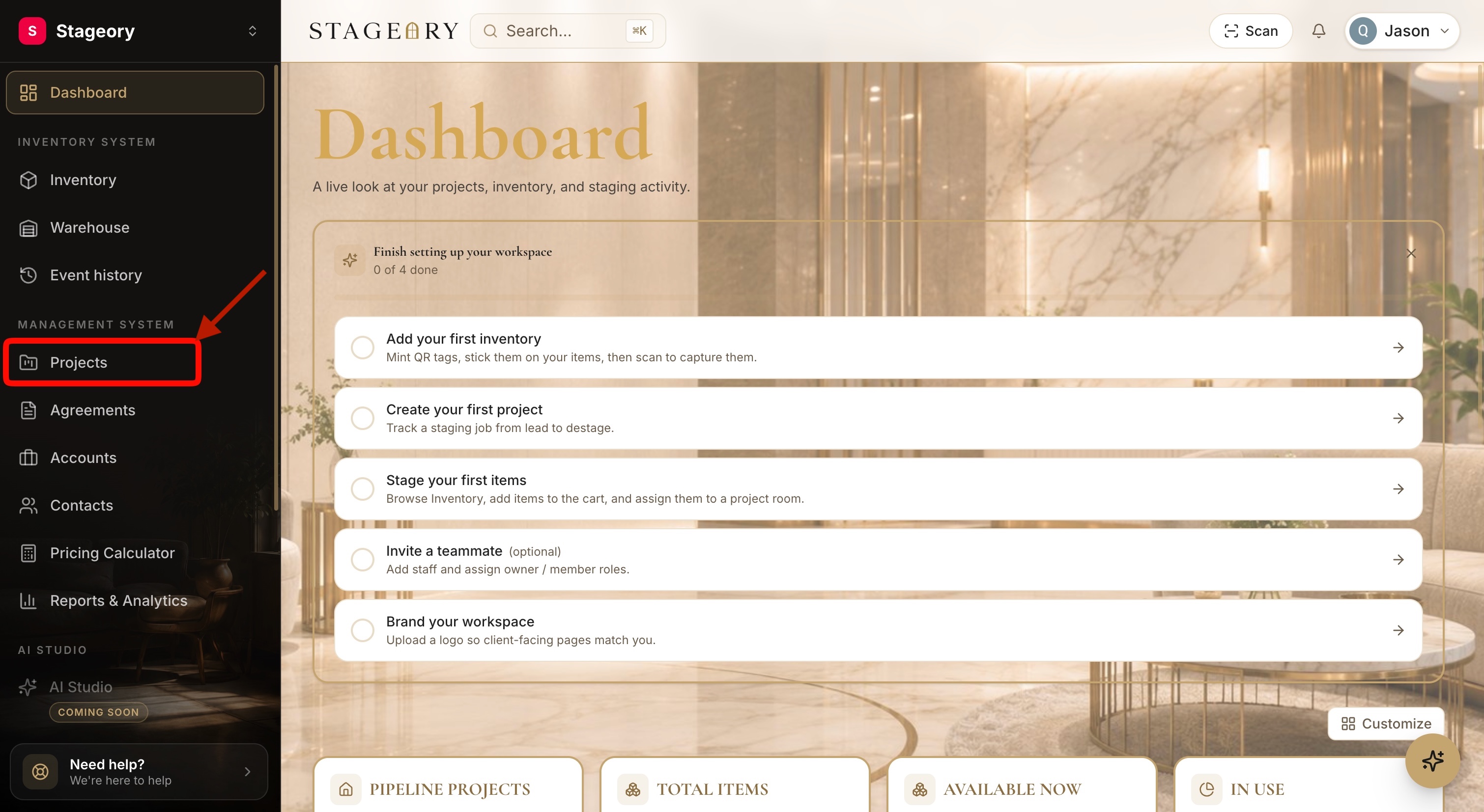 The Projects page in the Management System section