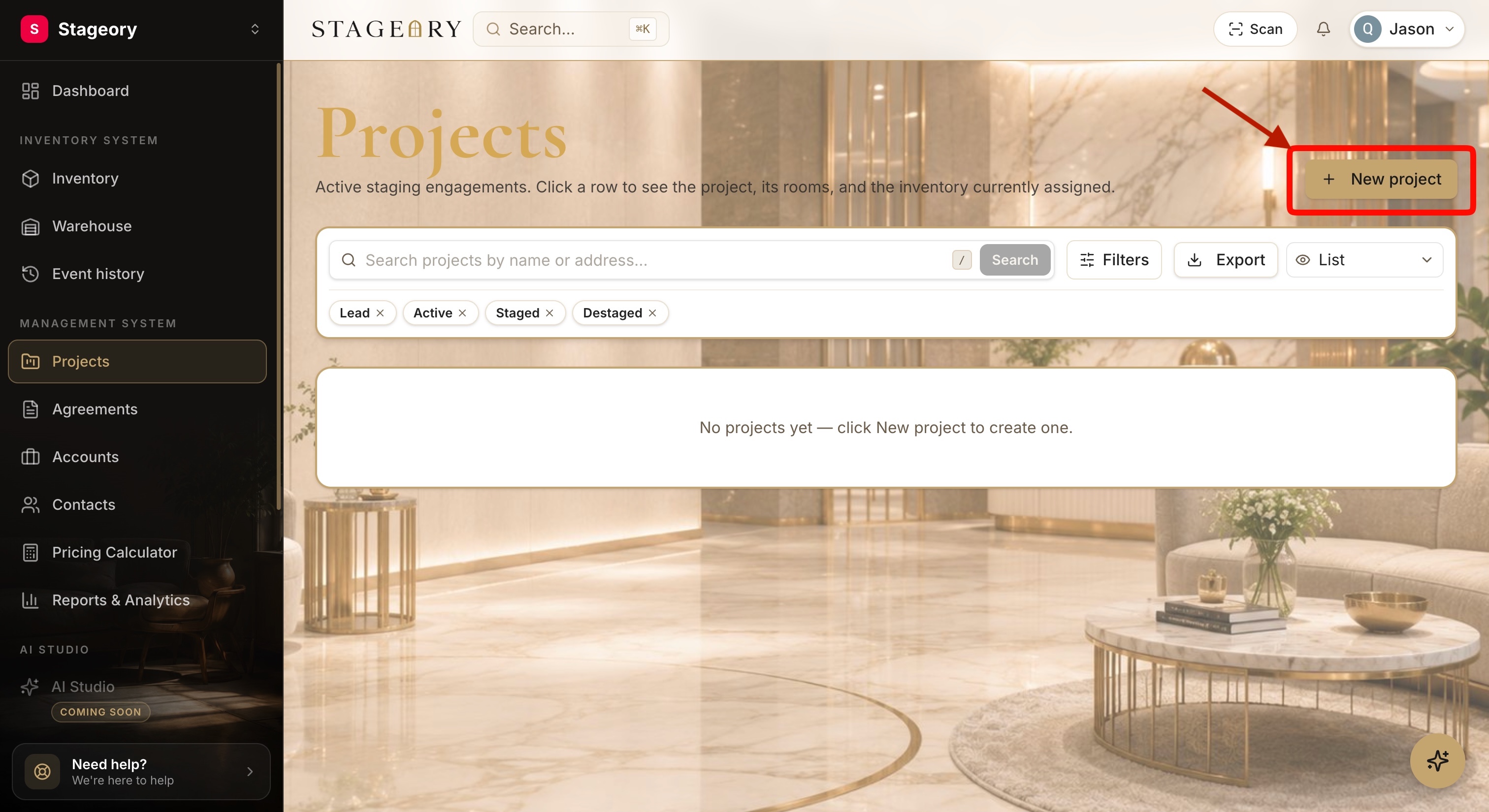 The Projects page with the "New Project" button
