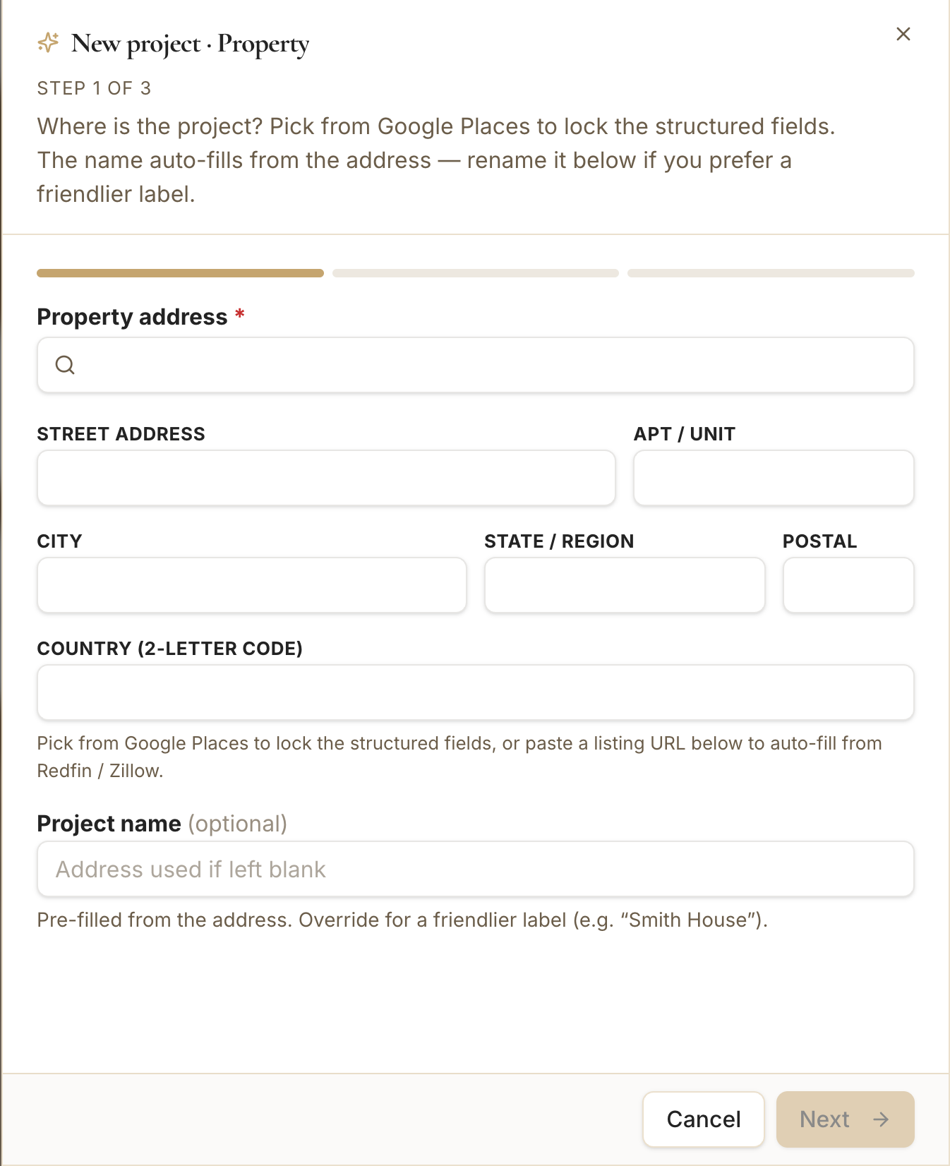 The Property Address field with Google Places search