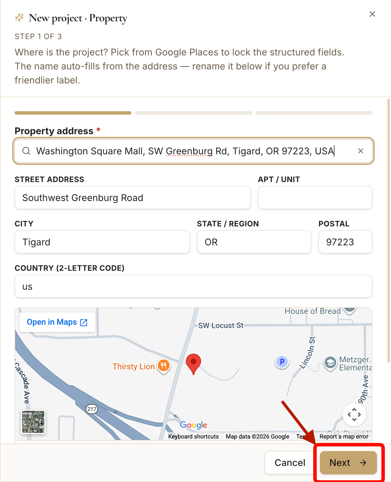 The populated address fields with the Project Name field and Next button